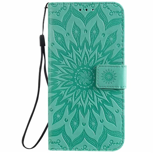Fodral för iPhone 14 Plus grönt läder solros präglat totem