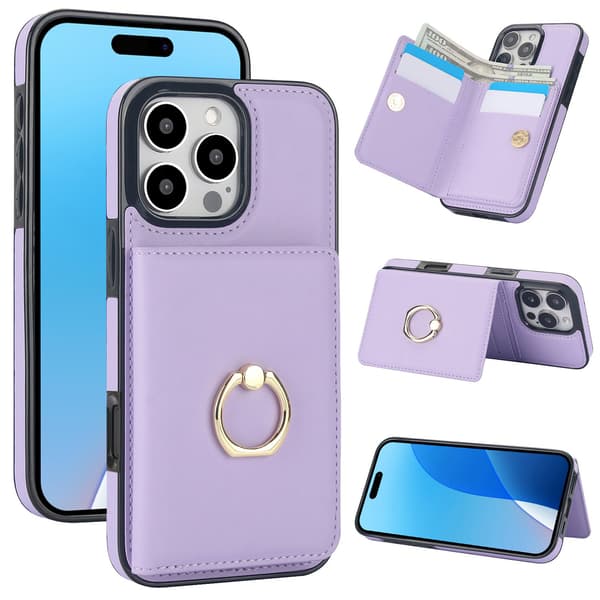 Fodral för iPhone16E lila stöldskyddsring kortplånbok läder