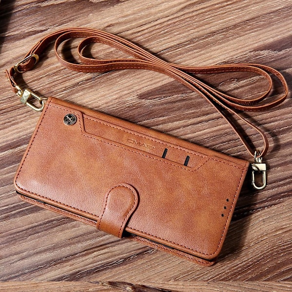 Etui til iPhone 16PRO brun [lang snor] multi-kort læder flip kort slot crossbody