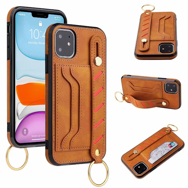 Fodral för iPhone 13 Pro Khaki handledsrem multifunktionellt kortfack läder