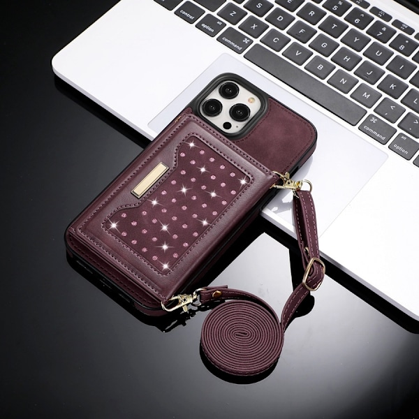 Etui til iPhone X vinrød tri-fold snor taske anti tyveri børste pung læder