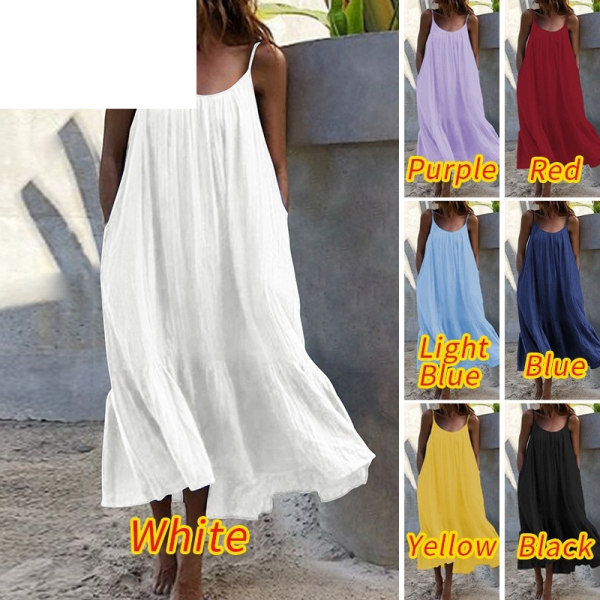 Flæsede ensfarvede kjole Ærmeløs løs spaghettirem formel kjole White L
