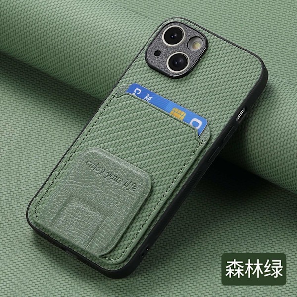 Etui til iPhone 13 Mini grønt foldbart stativ kortholder kulfiber mønster fint hul finer