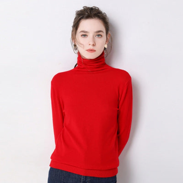 Kvinder Strik Efterår Vinter Sweater Højkrave Uldtrøje Pullover Stretch Pile Krave Fit Bright red XL