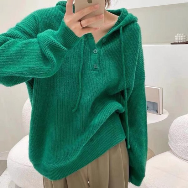 Kvinder strik efterår vinter sweater ensfarvet hætte løs retro japansk frakke Green M