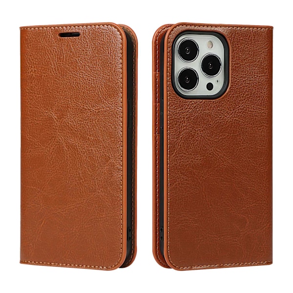 Etui til iPhone 13 Pro Max lysebrun crazy horse læder wallet flip beskyttende