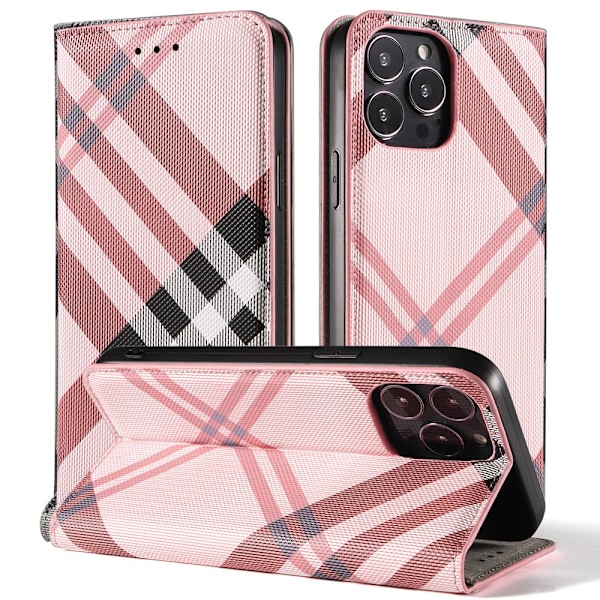 Fodral för iPhone15 6.1 rosa läder schackrutigt flip