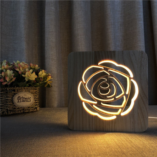 LED Wooden Carving Nattlys USB Power Rose mønster T1892W