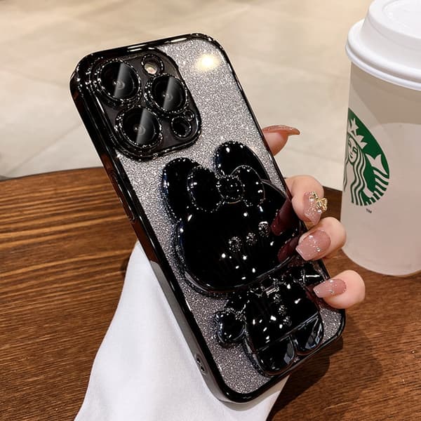 Kotelo iPhone 17 Glitter Electroplating + Rabbit Mirror Black Gradient Glitter Rabbit Mirror Silikonipidike