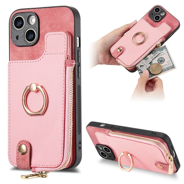 Etui til iPhone 14 pink solidt kortholder ring