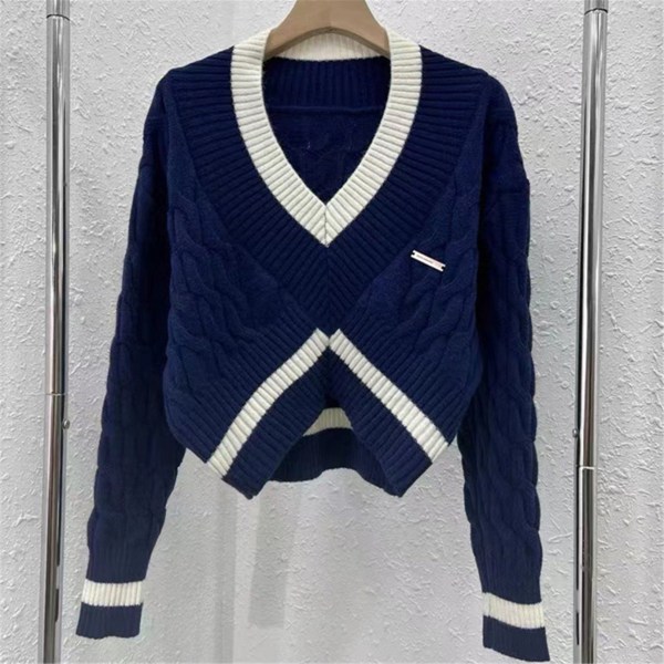 Kvinder Strik Efterår Vinter Sweater Kort Sting Kontrast Farve Løs Pullover Top Navy blue M