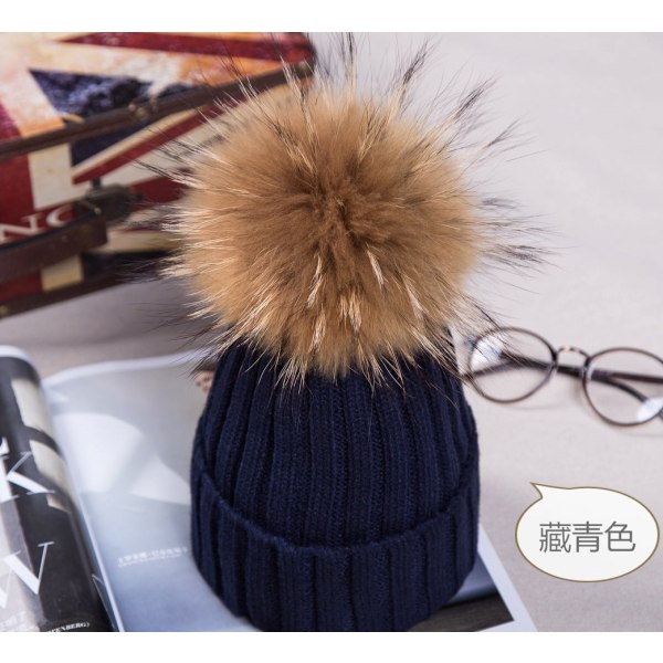 Varme vinterstrikkede huehatte 2021 efterår og vinter ensfarvet curling koreansk stil vaskebjørn uld unisex Raccoon fur ball 15cm gray Wool-like ball M
