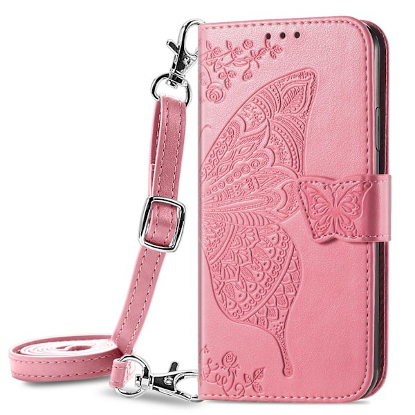 Kotelo iPhone 16 Pro Maxille, vaaleanpunainen nahkainen crossbody vyötärö olkalaukku pitkällä kaulanauhalla ja lompakolla
