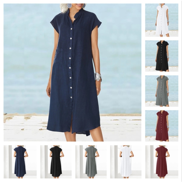 Tatting Cardigan Stand Collar Enkelknäppt bomull och linne Pocket Dress Slip Dress Dark Blue S
