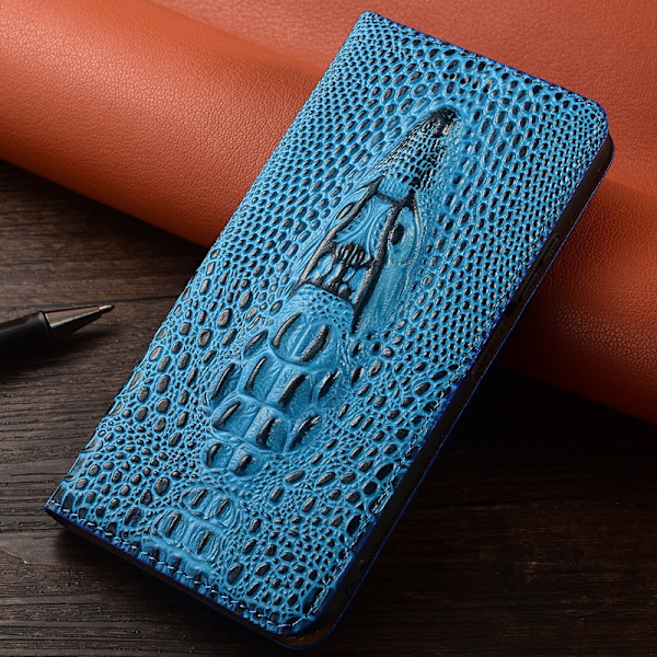 Fodral för iPhone 13 mini krokodilhuvud ljusblått läder flip