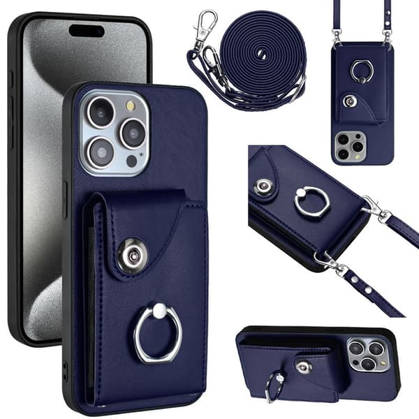 Fodral för iPhone 13 Pro Max blått långt snöre dragspelskorthållare ring spänne