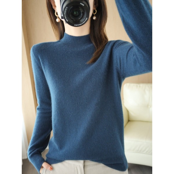 Damestrik efterår vinter sweater Uld sweater med almindelig kernegarn halv rullekrave Seaweed blue L