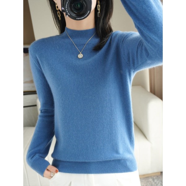 Damestrik efterår vinter sweater Uld sweater med almindelig kernegarn halv rullekrave Haze blue M