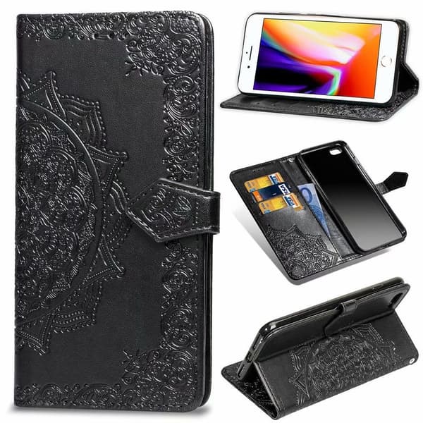 Etui til iPhone 14 sort mandala præget læder kortholder