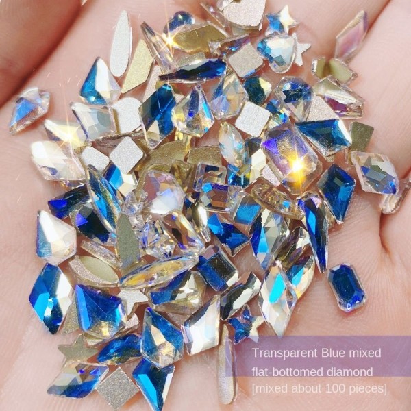 Negledekorasjoner for neglekunst blandet neglepynt Aurora Phantom Fancy Shape diamanter over diamant-klistremerke Transparent Blue mixed 100 pieces