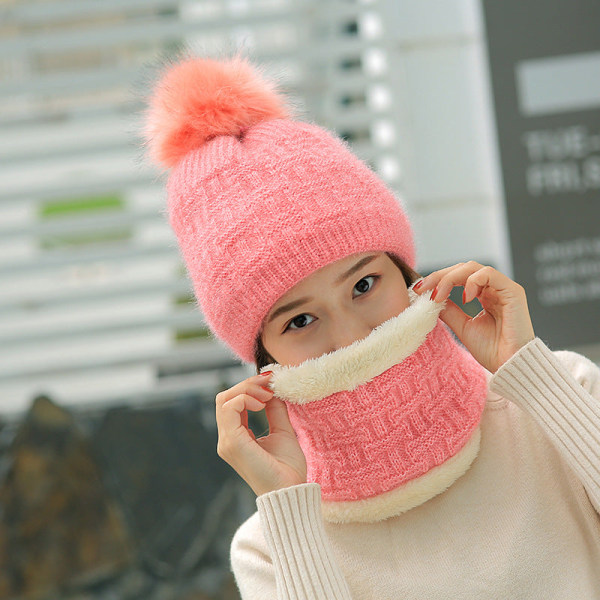 Lämmin talvi neulottu pipo Hatut Paksutettu Söpö Pallo Villa Cap Naisten Korean Tyyli Muoti Unisex Pink Hat only [fleece-lined style] M