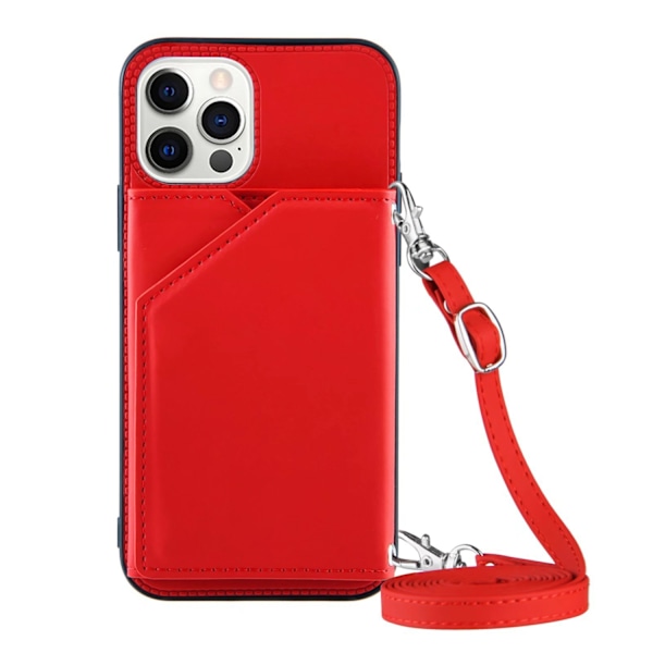 Kotelo iPhone 14pro MAX punainen pitkä kaulanauha, korttipidike, nahkaa