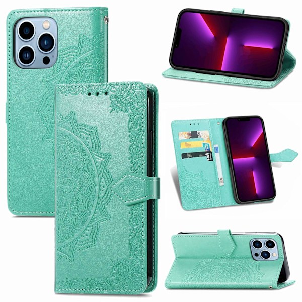 Fodral för iPhone 13 Pro Max grön mandala präglat läder flip stilfull magnetisk
