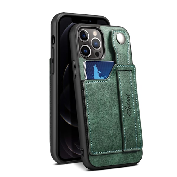 Fodral för iPhone 14Pro grön kortplats läder handledsrem baksida