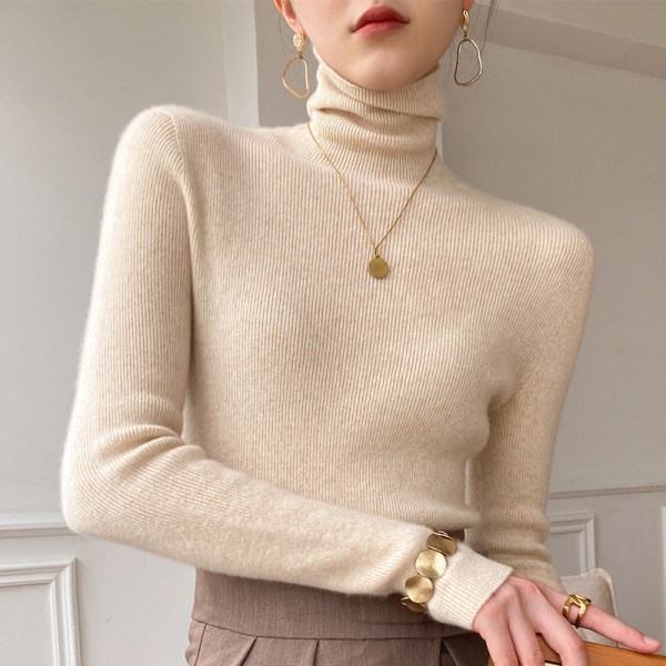 Strikkevarer for kvinner Høst Vinter Genser Turtleneck Slim Fit Inner Wear Pullover Pile Krage Bunn Golden camel L