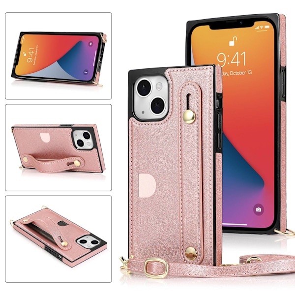 iPhone 15 Plus -kotelo ruusukultaisella rannekkeella ja crossbody-laukkuna