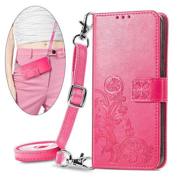 Fodral för iPhone15promax rött präglat läder fyrklöver dragkedja crossbody midja långt snöre
