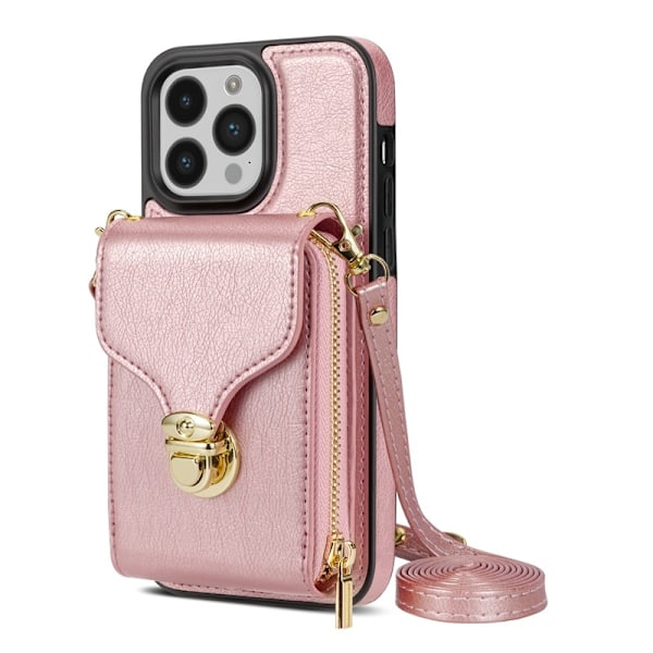 Fodral för iPhone15Plus dragkedjeväska hårdvara korthållare roséguld hållare sidoläder multi kort lan