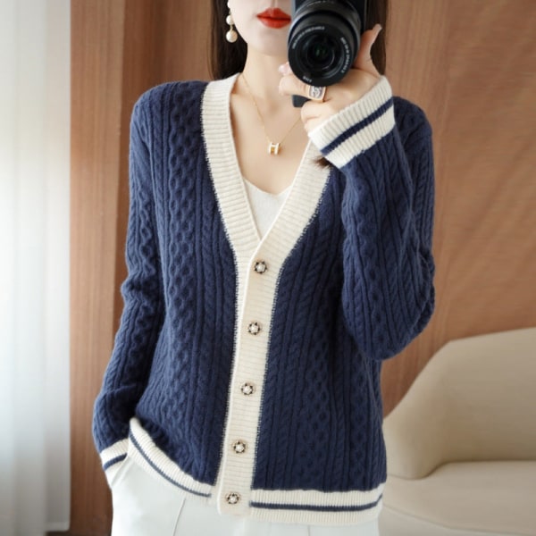 Kvinder Strik Efterår Vinter Sweater V-hals Farveblok Twisted Cardigan Baggy Coat Navy blue L