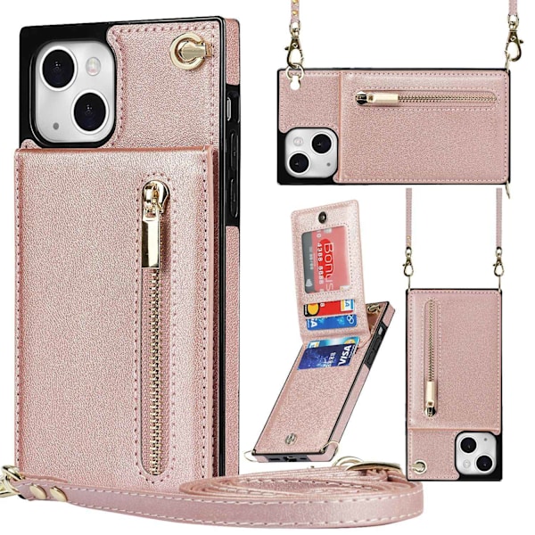 Etui til iPhone 14 Pro Max rosaguld lynlås kortholder crossbody pung læder solid finer an