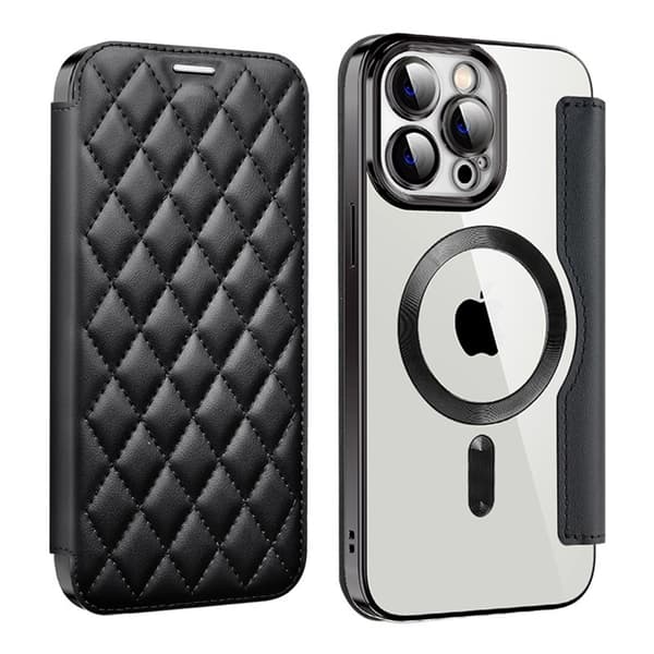 Etui til iPhone 15 Plus, sort, magnetisk, diamantformet, fuld dækning, lammeskind