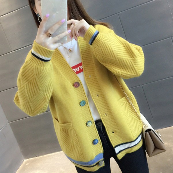 Damestrik efterår vinter sweater løs koreansk stil V-hals matchende lille cardigan frakke Yellow 58*100*45cm