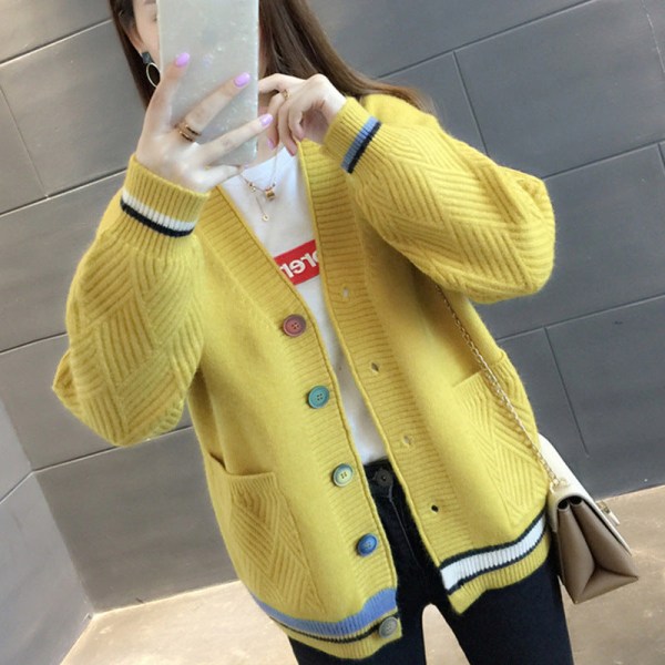 Strikkevarer for kvinner Høst vintergenser løs koreansk stil V-hals Passende liten cardigan kåpe Yellow 58*100*45cm