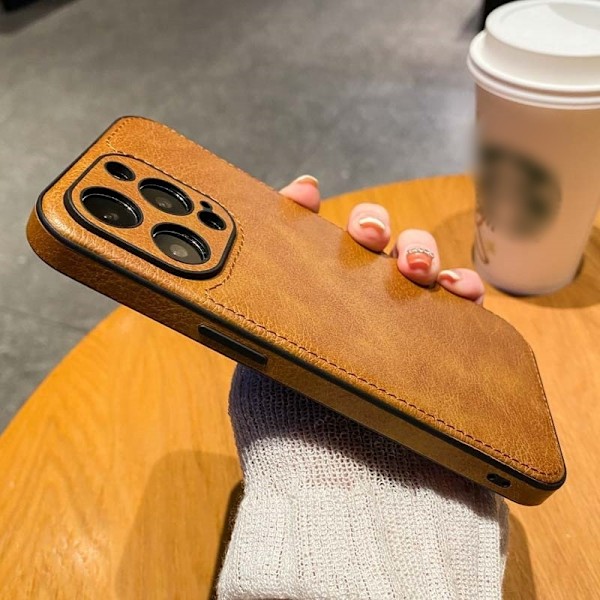 Fodral för iPhone 14 Brun K1a \"Äkta Läder Fodral\" Business Retro Runt Hål Kreativt Anti-fall