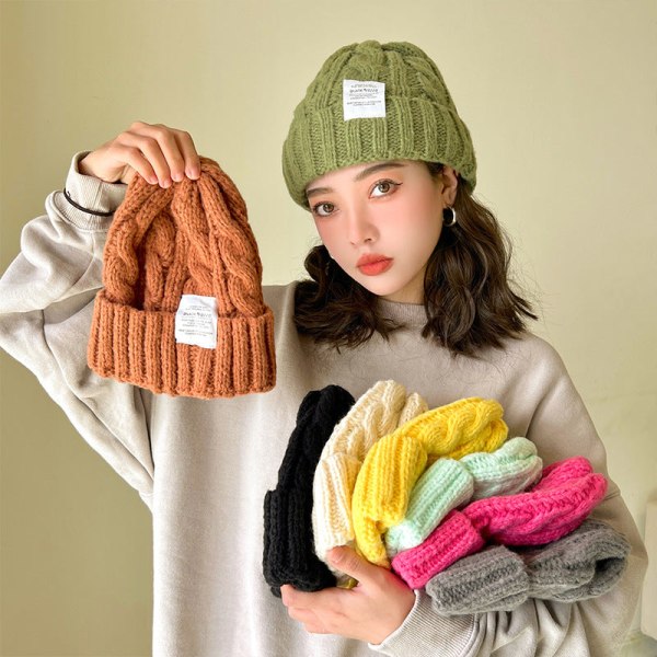 Varm vinterstrikket hue hue ren farve japansk snoet uldgarn kvinder koreansk stil unisex Orange M 55-58cm