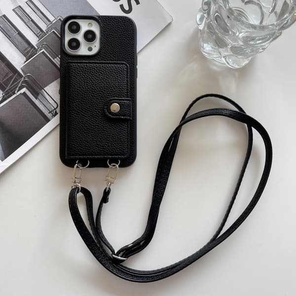Fodral för iPhone 14 Pro Max svart snodd crossbody solid korthållare vikbart japanskt läder
