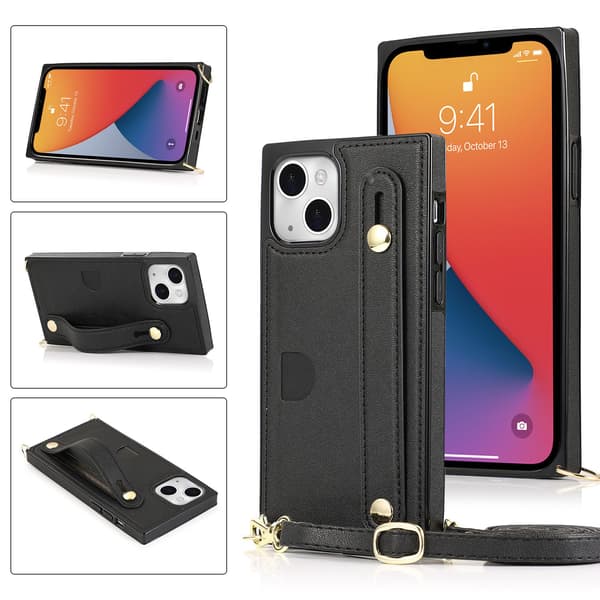 Etui til iPhone 15 Plus, sort håndledsrem crossbody taske