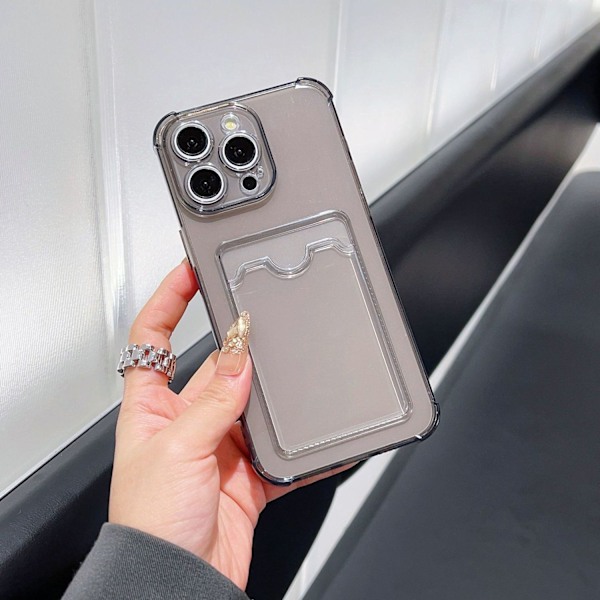 Kotelo iPhone 14 Plus -puhelimelle, läpinäkyvä musta, korttipidike, valokuvat ja pudotussuoja