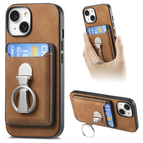 Etui til iPhone 13 brun skinnfølelse magnetisk kortholder hover ring