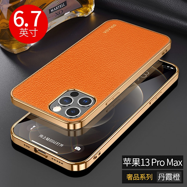 Etui til iPhone15 fint hul orange luksus læder sticker ve blødt ultratyndt
