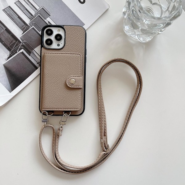 Etui til iPhone 14pro max khaki stropp snor crossbody solid kortholder sammenleggbar japansk lea
