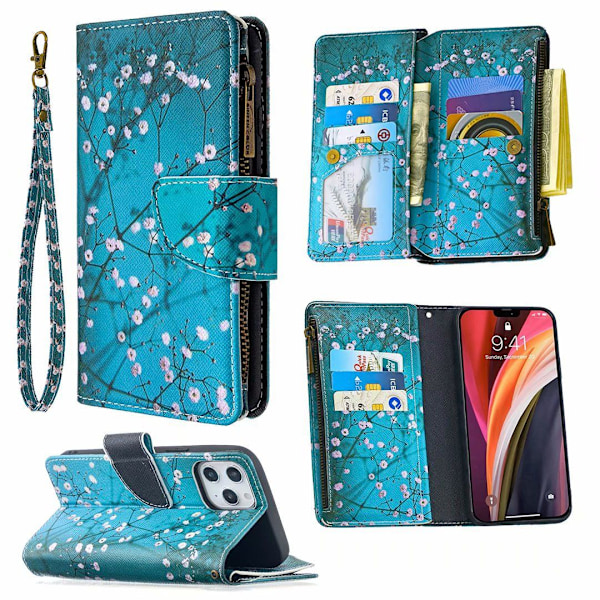 Etui til iPhone 13 blommeblomst malet lynlås læder multi funktion kort slot pung multiple