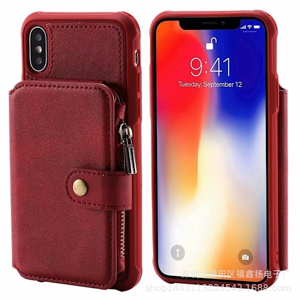 Etui til iPhone 13 Pro rød multifunktions kortholder lynlås anti-fald pung