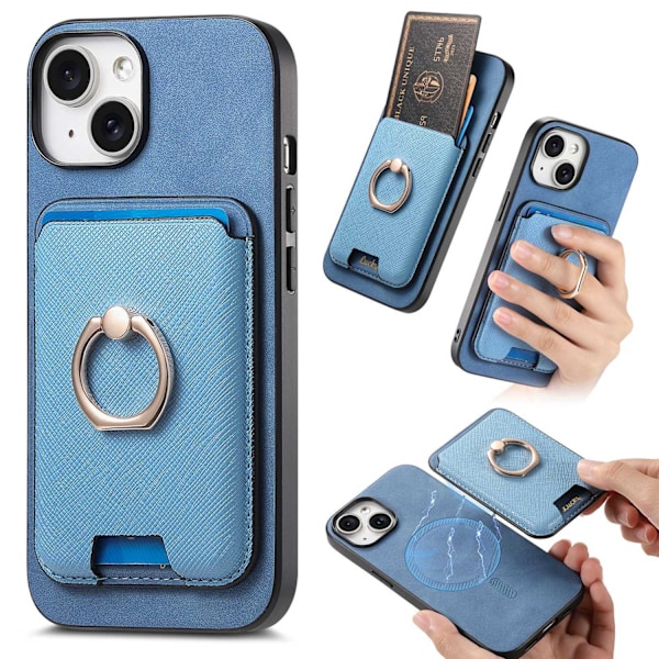 Fodral för iPhone16 blått magnetiskt korthållarring enkelt läder anti-fall