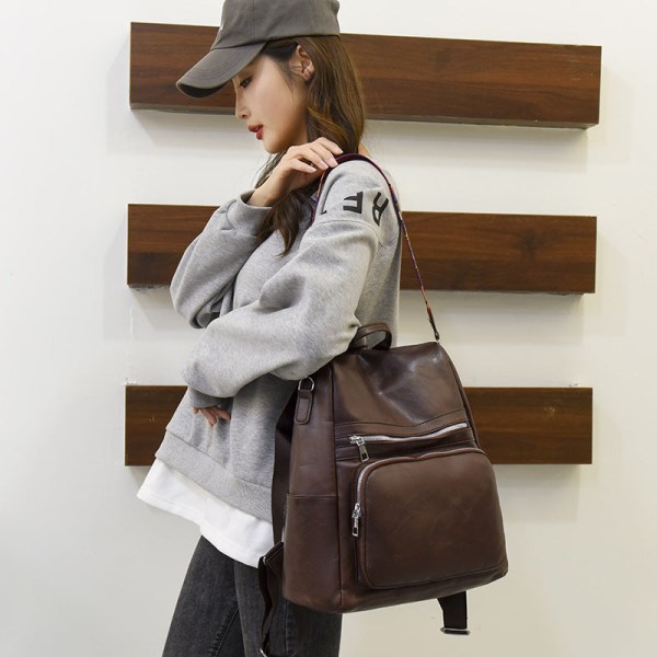 Naisten tyttöreppu olkalaukku koululaukku Casual Large Capacity Pu Soft Leather Brown 34*35*14cm