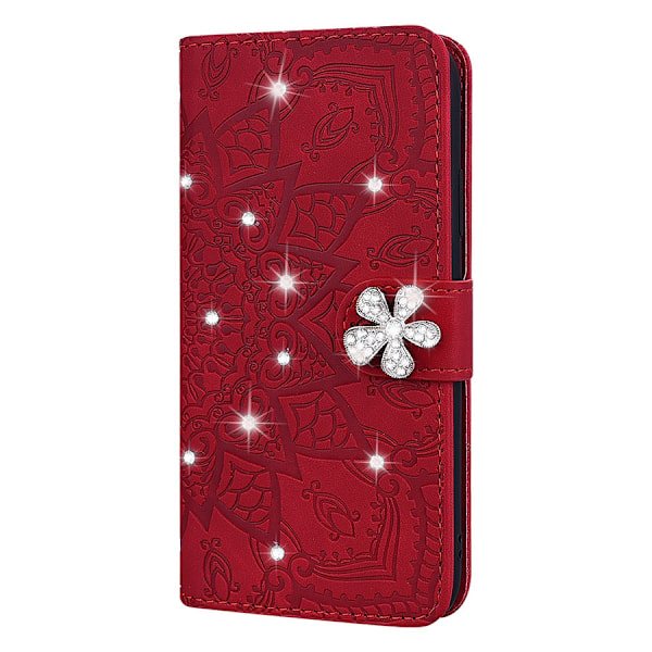 Fodral för iPhone 14 röd diamant präglad solros läder diamant palats blomma kalvmönster